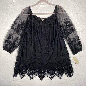 NWT Halo Black Flowing Top 3/4 Sleeve Size 1X‎ Goth Witchy Whimsical